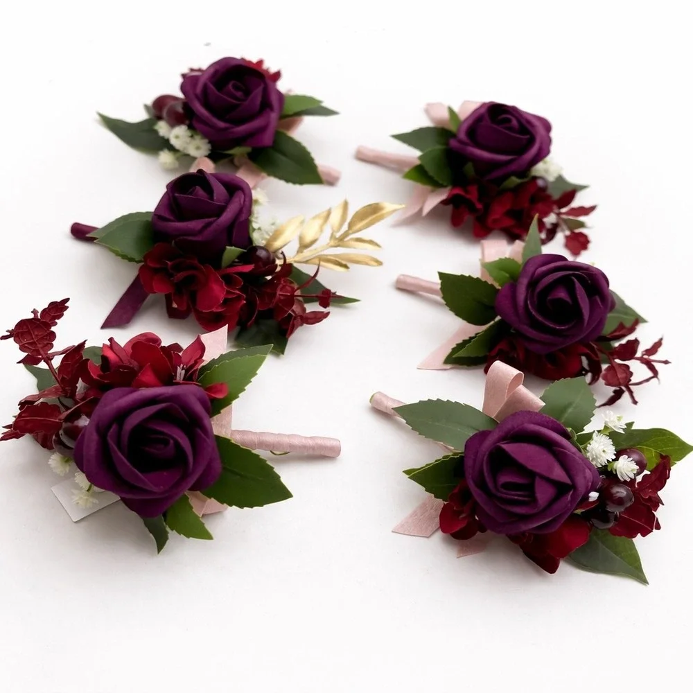 6pc Burgundy Plum Rose Boutonniere Set Wedding Groomsmen Gold Leaf Silk Flowers